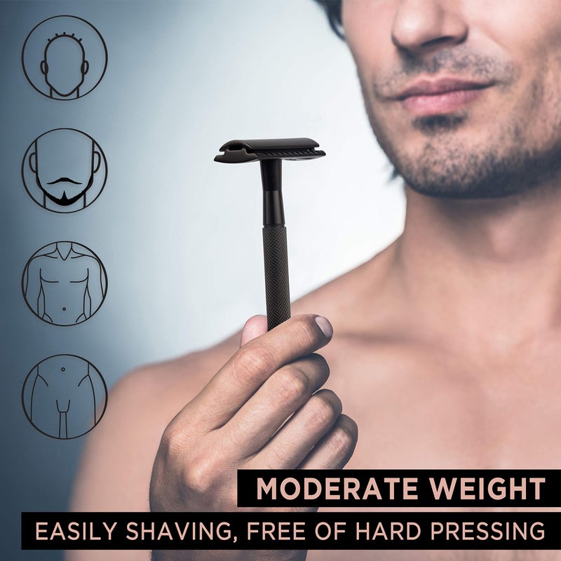 ZOMCHI Safety Razor for Men with 5 Double Edge Safety Razor Blades, One Blade Safety Razor, Metal Razor Zero Waste â€“ Black - Image 3